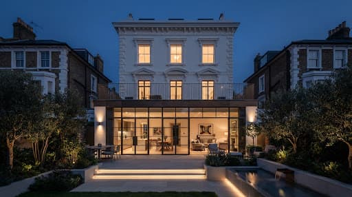 Victorian stucco-fronted luxury townhouse in Kensington, London, with modern bronze Crittall rear extension