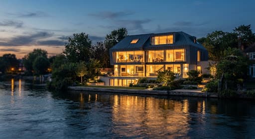Detached riverside luxury family home in Richmond upon Thames showcasing zinc clad architectural roof extension