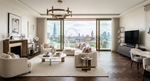 Luxurious Mayfair penthouse interior refurbishment featuring dark timber parquet herringbone flooring and bronze accents