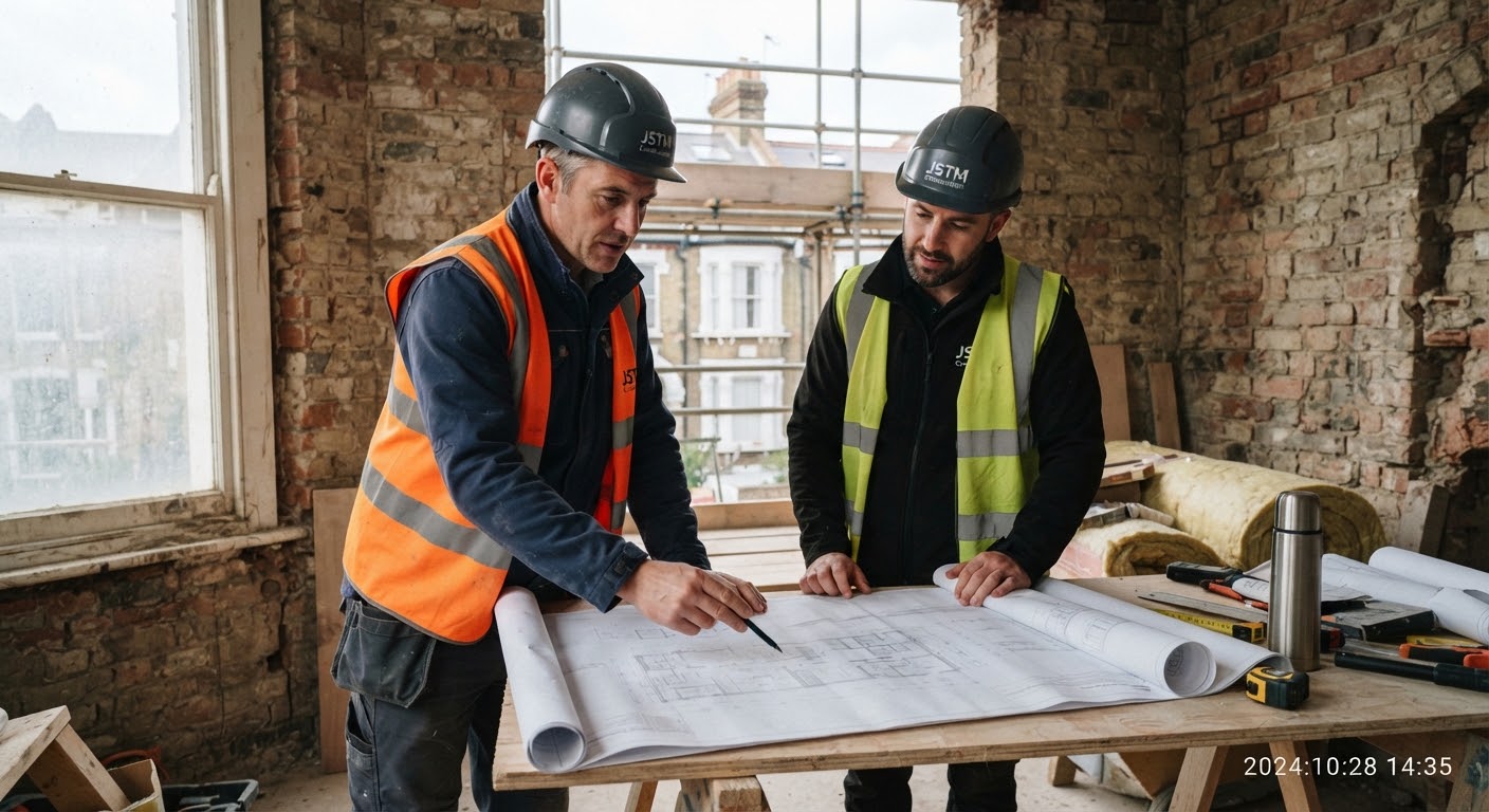 JSTM Construction site directors reviewing architectural drawings on a London renovation project